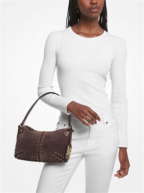 michael kors astor brown suede shoulder bag-patchwork design|Michael Kors Astor Brown Suede Patchwork Shoulder bag .